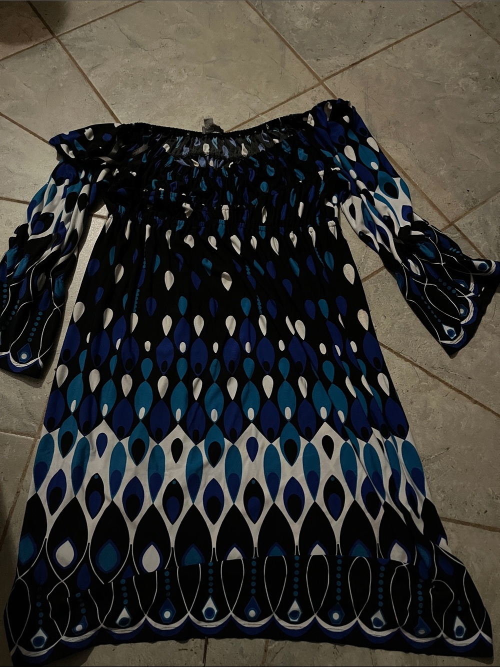 Muse Black and Blue Off-Shoulder Patterned Dress